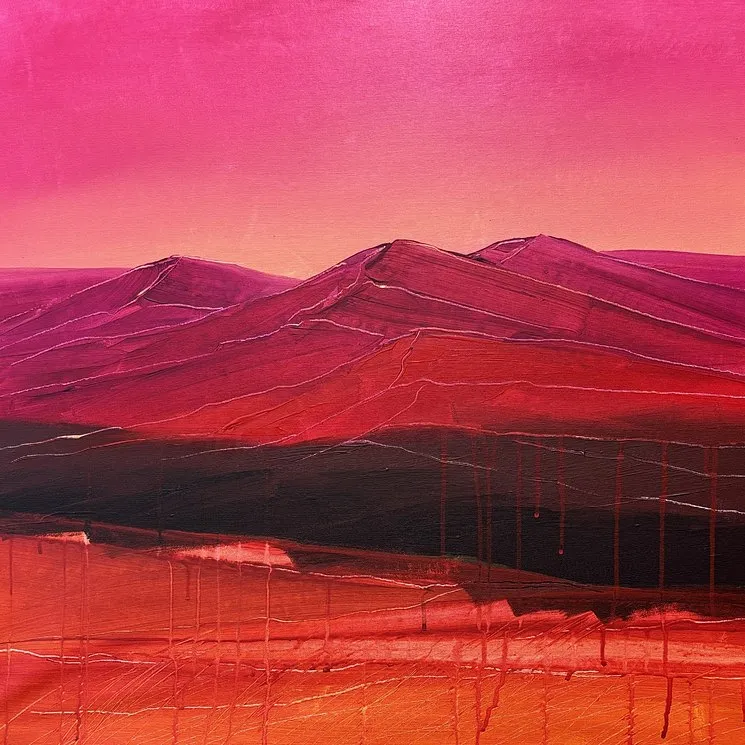 Image of Lush Summer / 6 – Crimson Mountain Landscape with Vibrant Pink Sky and Fiery Horizon by Helen Mount, made of oil on canvas, Painting medium, priced at €800