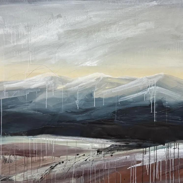 New Stories/6 – Contemporary Abstract Mountain Painting in Blue Grey and Rose Tones