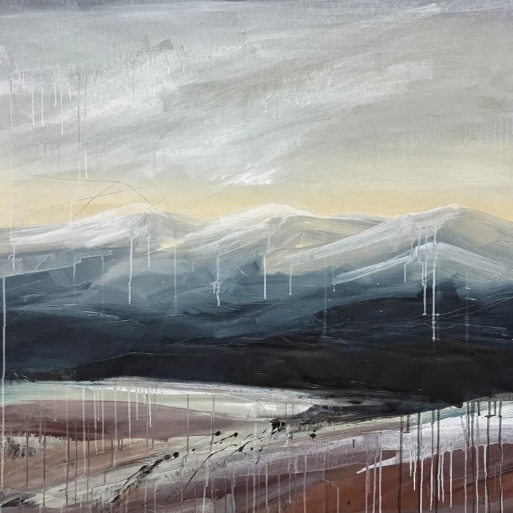Image of New Stories/6 – Contemporary Abstract Mountain Painting in Blue Grey and Rose Tones by Helen Mount, made of oil on canvas, Painting medium